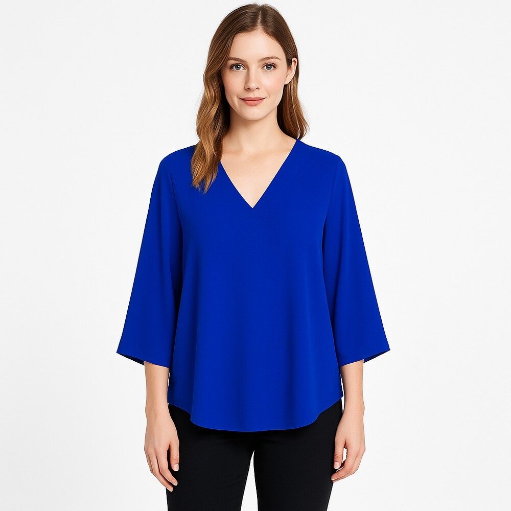 First Love Blue Oversized V-Neck Blouse Size L Flowy 3/4 Sleeve Top